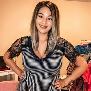 Black & white striped top with lace sleeves